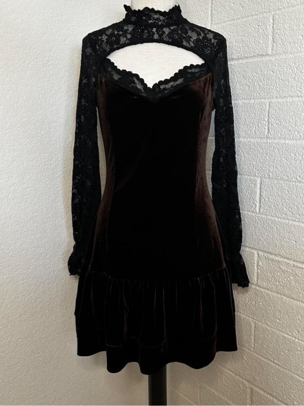 Elegant, Romantic Whimsy Goth Velvet & Lace Chocolate Brown Dress